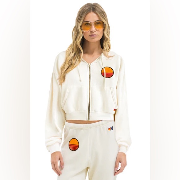 Aviator Nation Jackets & Blazers - NEW Aviator Nation SUNSET PATCH RELAXED CROPPED ZIP HOODIE - VINTAGE WHITE
